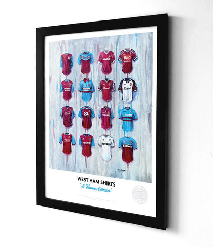 Limited edition West Ham United A3 framed print featuring iconic Hammers shirt artwork by Terry Kneeshaw Art.