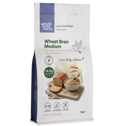 Whole Food Earth Wheat Bran Medium cereal in a bowl, showing textured wheat bran grains and natural appearance.