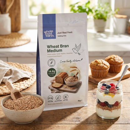 Whole Food Earth wheat bran cereal in a bowl with a spoon, showcasing the medium grain texture and natural appearance.
