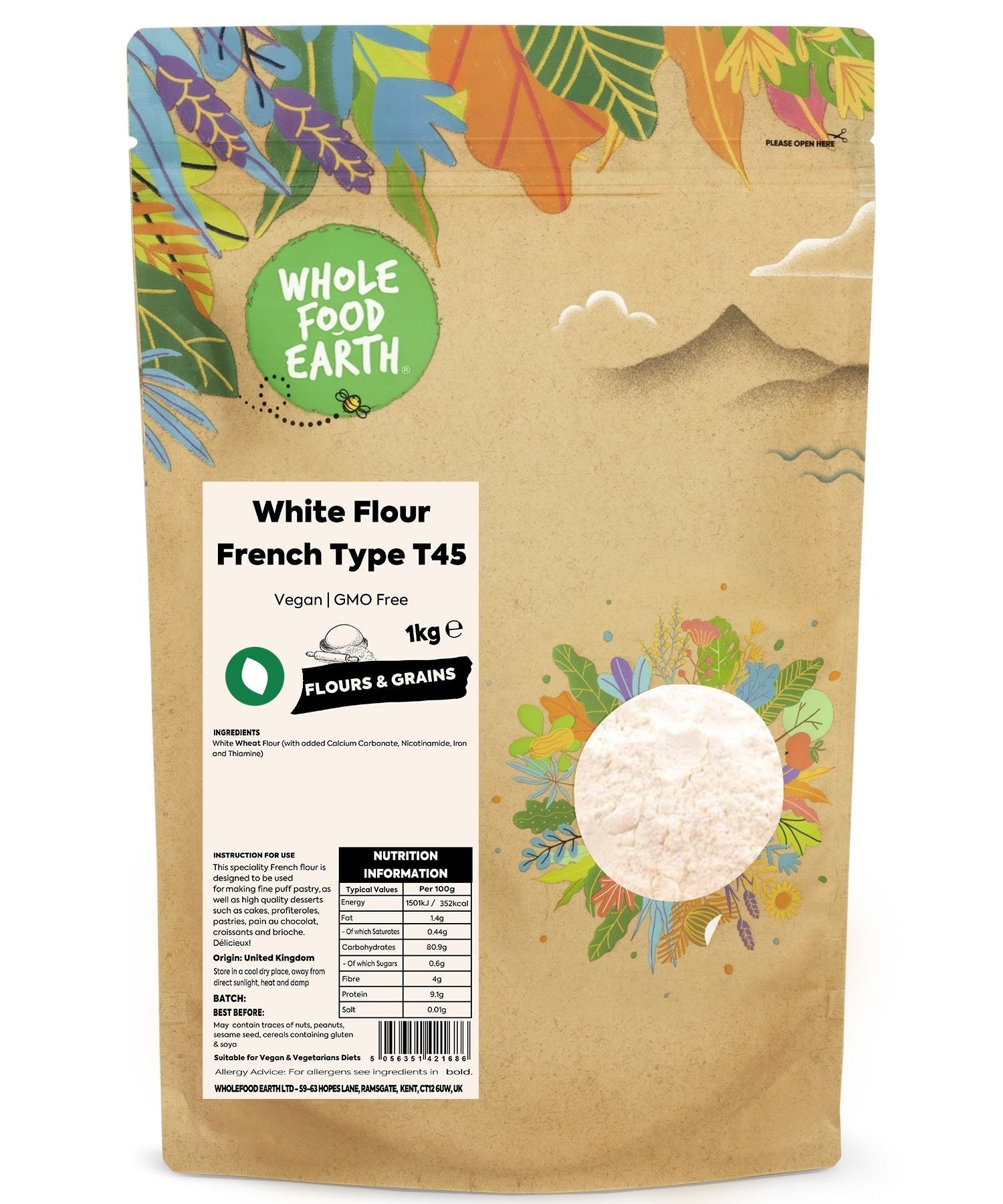 Bag of Whole Food Earth White Flour French Type T45, fine white flour for baking and cooking, displayed in a natural setting.