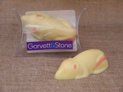 White chocolate mouse figurine by Gorvett & Stone, detailed handcrafted dessert sculpture with realistic features.