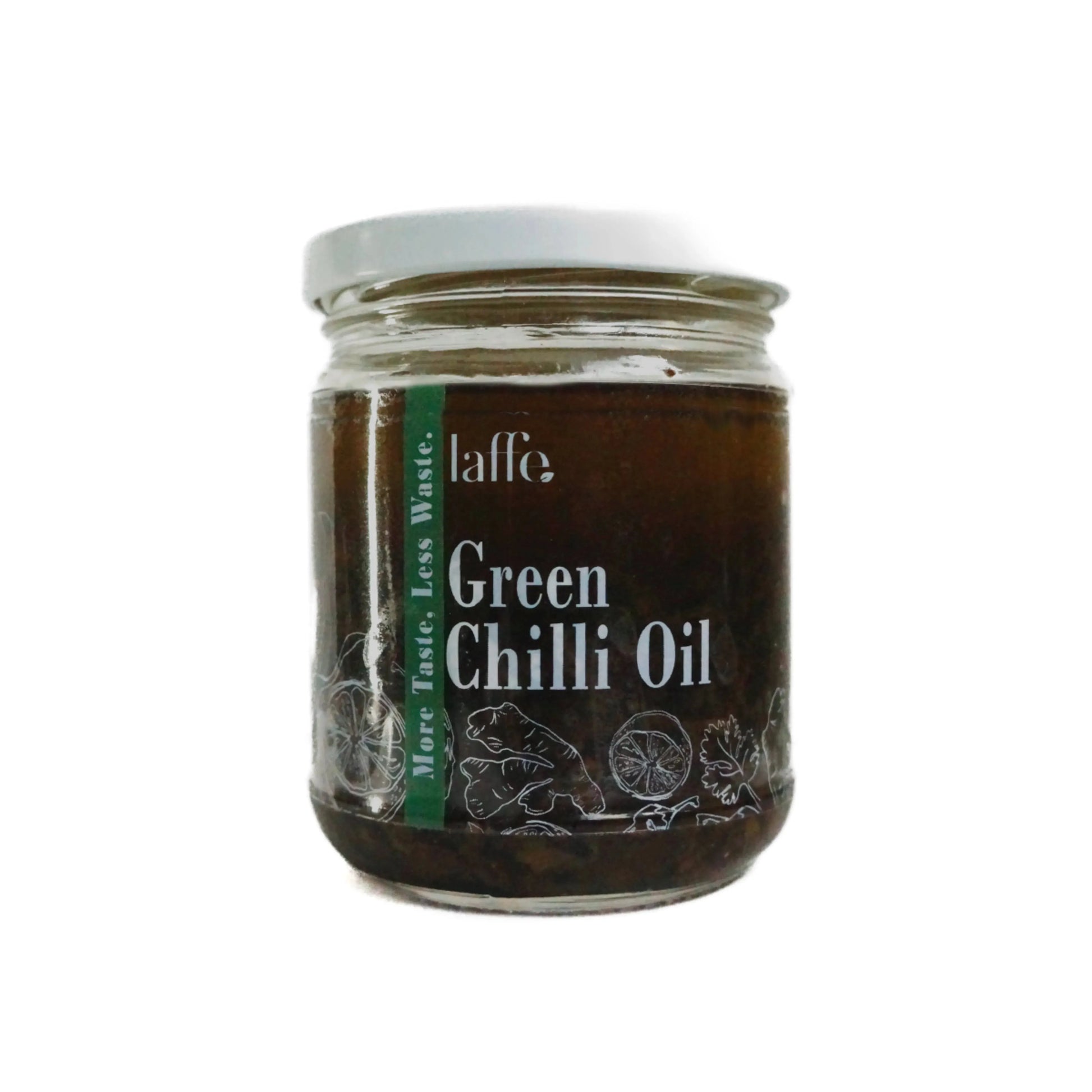 Green chilli oil in a clear glass bottle from Laffe, showcasing vibrant green chillies infused in chili oil on a white background.