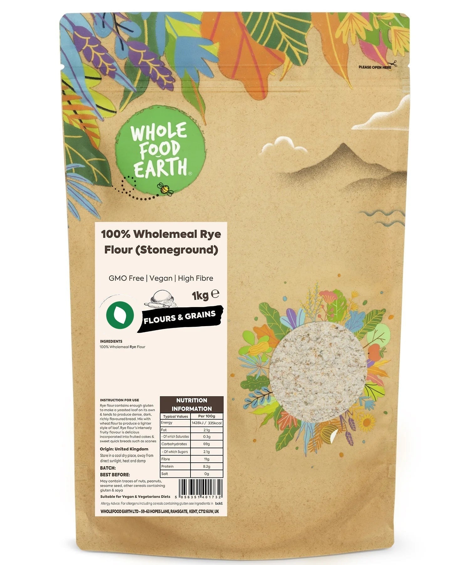 Stoneground Wholemeal Rye Flour from Whole Food Earth, GMO-free, showing a close-up of the fine, dark rye flour in a bowl.