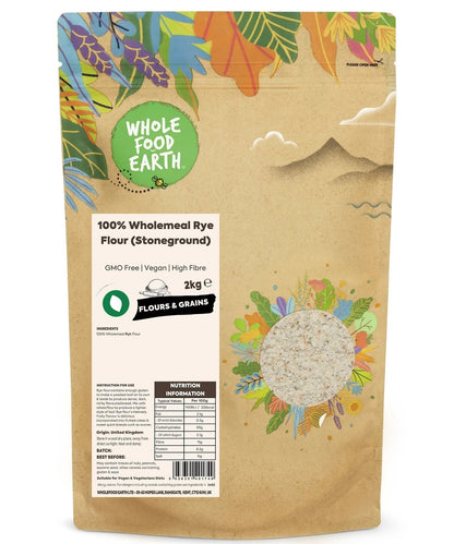 Stoneground Wholemeal Rye Flour by Whole Food Earth, GMO-free, in a brown paper bag, showcasing the nutrient-rich wholegrain flour.