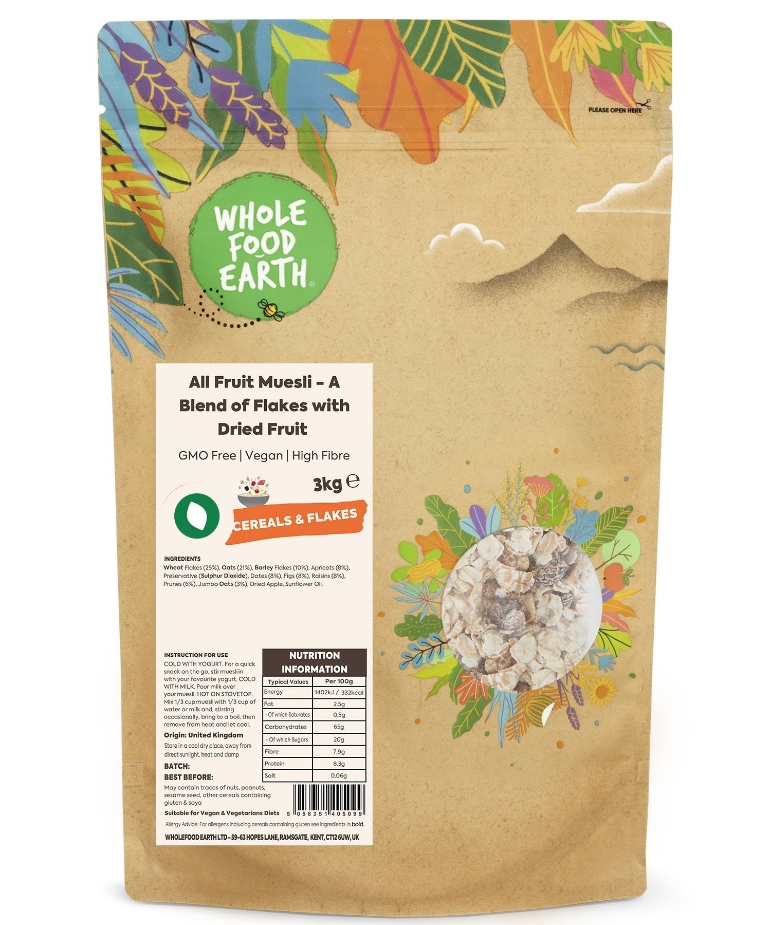 Whole Food Earth All Fruit Muesli cereal in a bowl, featuring colorful dried fruits and grains, GMO-free and vegan-friendly.