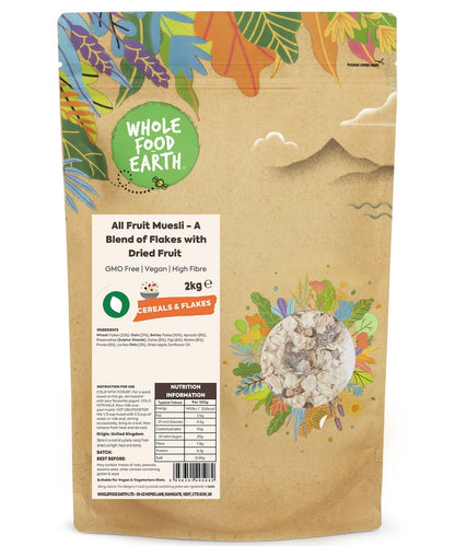 Whole Food Earth All Fruit Muesli cereal with dried fruits and grains, GMO-free and vegan-friendly, in a colorful bowl.