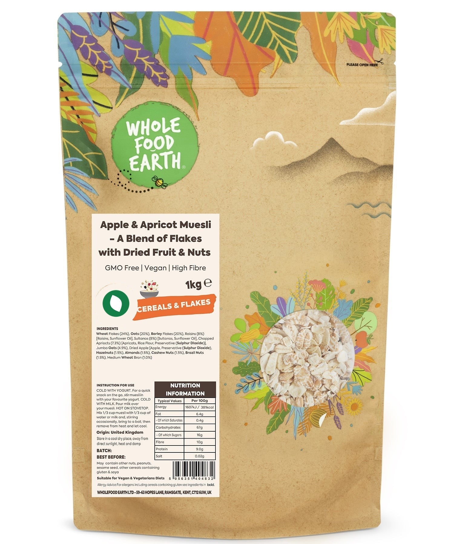 Whole Food Earth apple and apricot muesli cereal in a bowl, featuring dried fruit and crunchy oats, GMO-free and vegan-friendly.