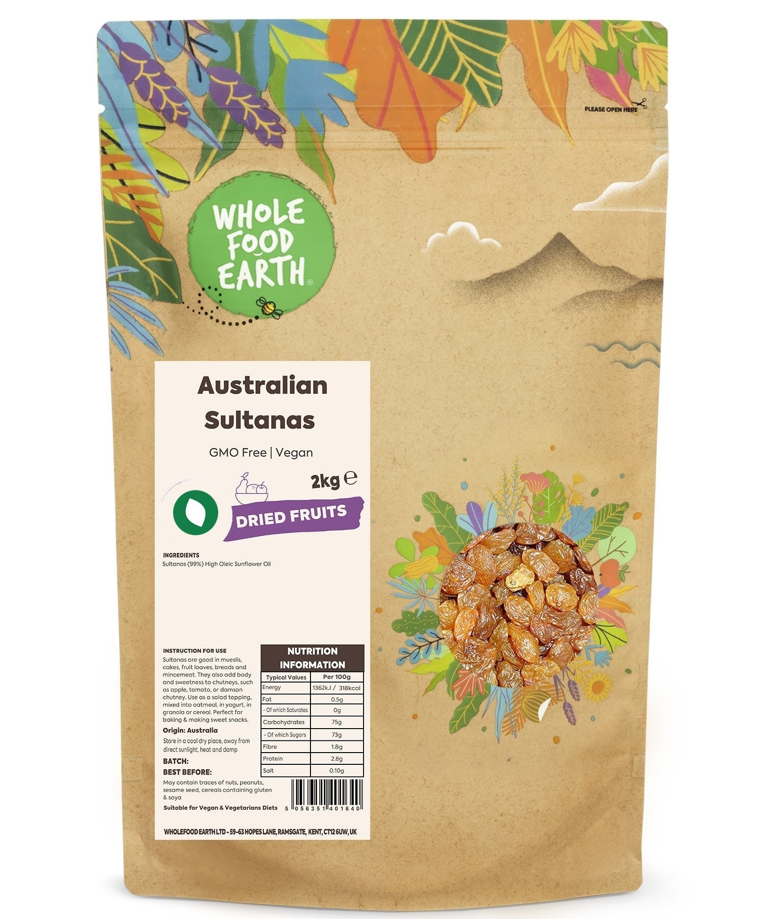Australian Sultanas from Whole Food Earth, GMO-free vegan dried fruits with golden, plump sultanas on a white background.
