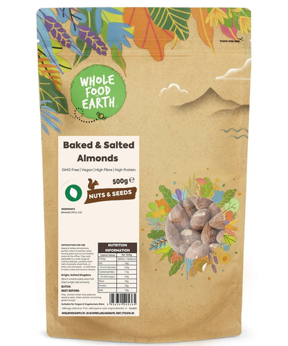 Bowl of Whole Food Earth roasted and salted almonds, GMO-free nuts with a golden-brown baked appearance on a neutral background.