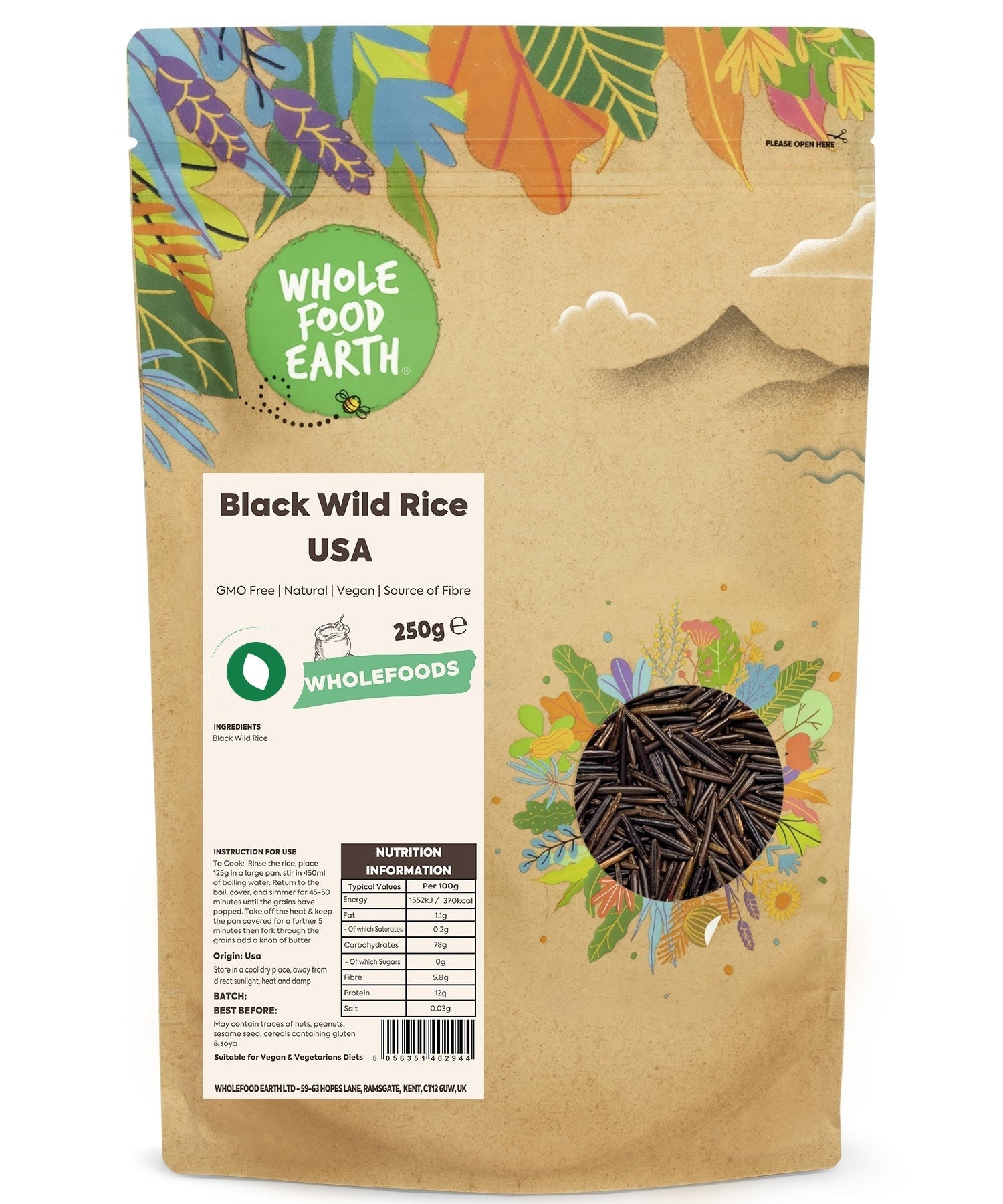 Whole Food Earth Black Wild Rice from the USA, GMO-free rice and couscous product with natural, healthy grains.