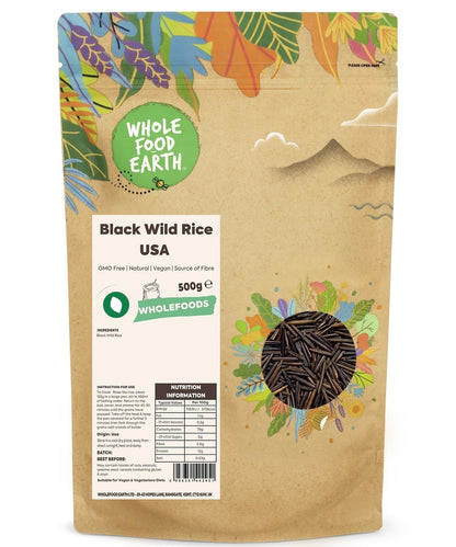 Whole Food Earth black wild rice from the USA, GMO-free, in a natural, uncooked state, showcasing long, dark grains.