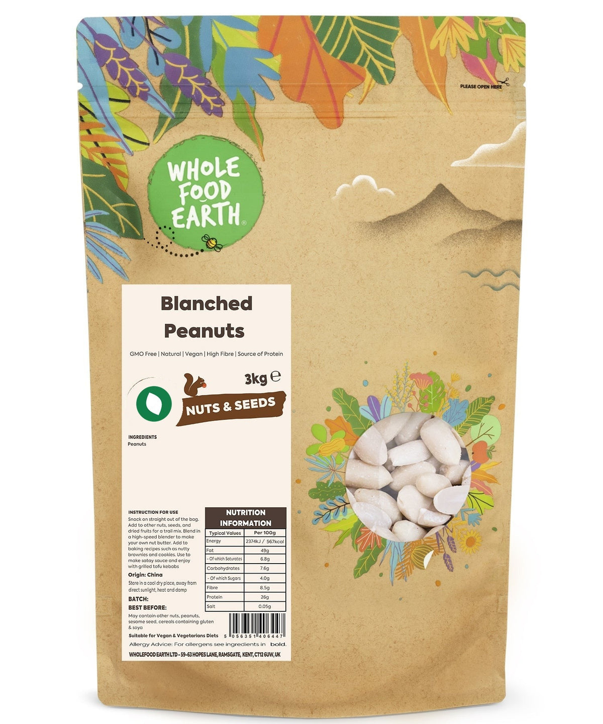 Whole Food Earth blanched peanuts, GMO-free vegan nuts and seeds, showing a close-up of light-colored, shelled peanuts.