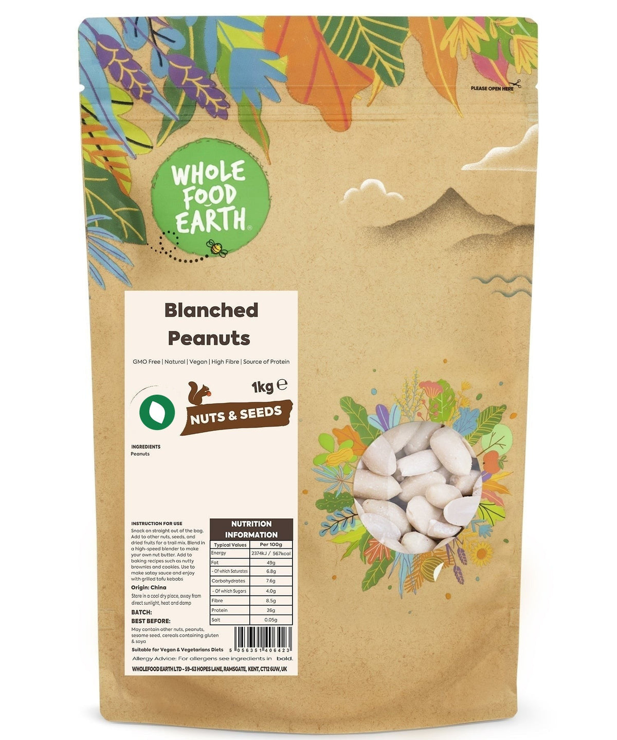 Whole Food Earth blanched peanuts, GMO-free vegan nuts and seeds in a clear bowl, ready for snacking or cooking.