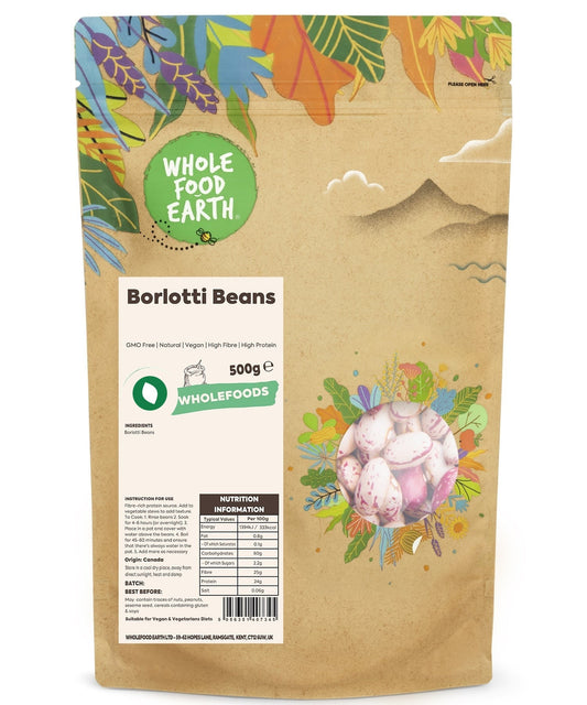 Whole Food Earth Borlotti Beans in a bowl, showcasing their plump, speckled appearance, GMO-free and natural pulses.