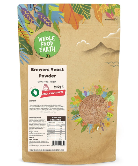Whole Food Earth brewers yeast powder in a jar, GMO-free supplement rich in B vitamins and protein for baking and nutrition.