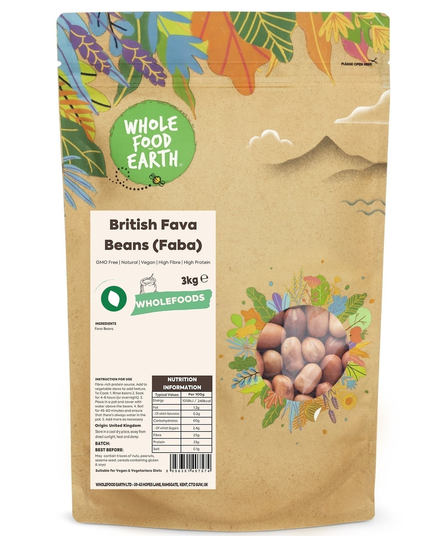 Whole Food Earth British Fava Beans, GMO-free pulses, close-up of dried fava beans in a jar.