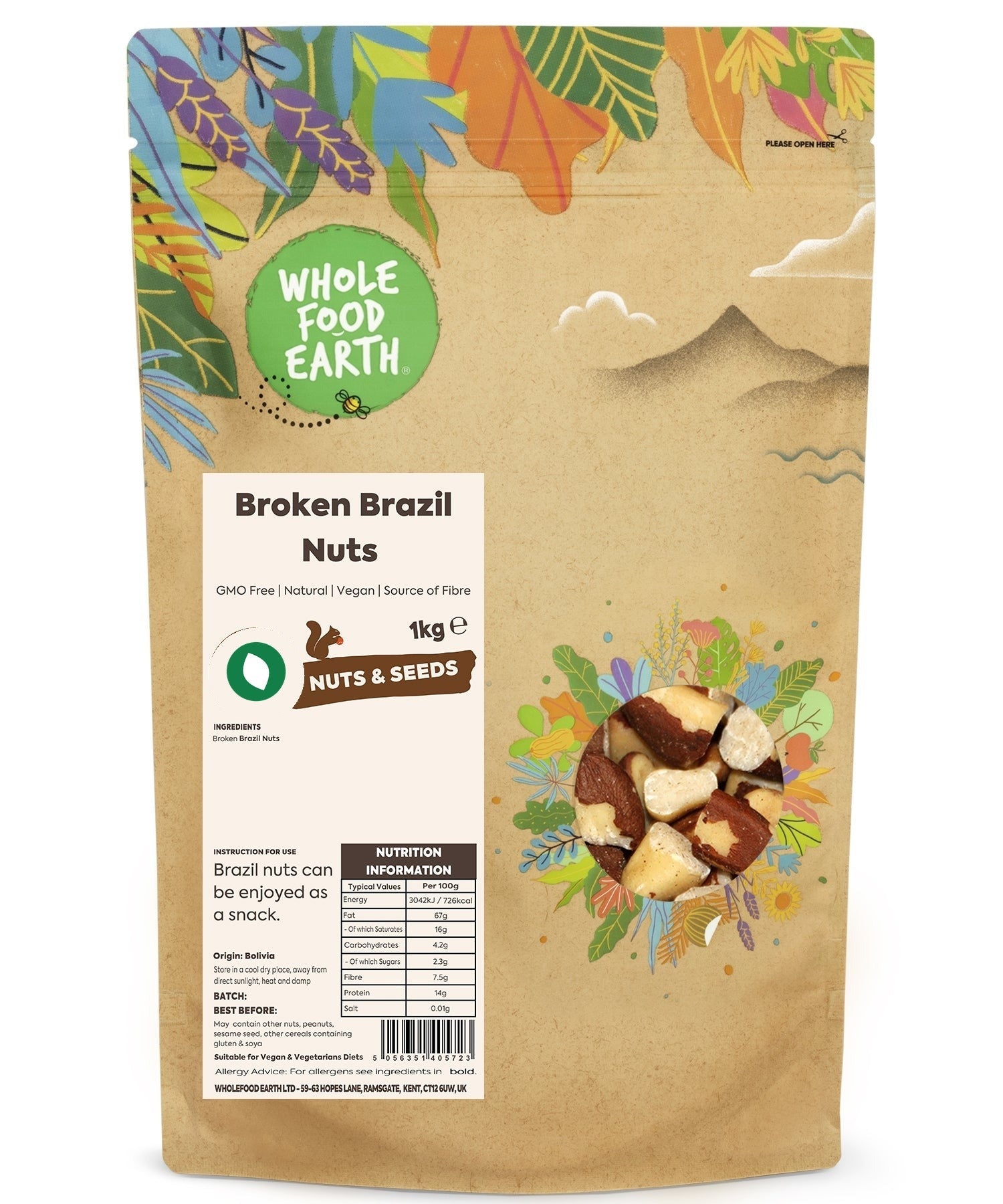 Broken Brazil nuts from Whole Food Earth, GMO-free nuts and seeds, showing the natural, crunchy interior on a neutral background.