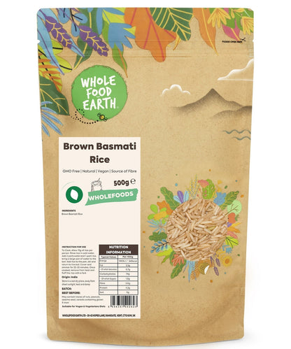 Whole Food Earth brown Basmati rice in a bag, GMO-free, long-grain rice ideal for cooking and healthy meals.