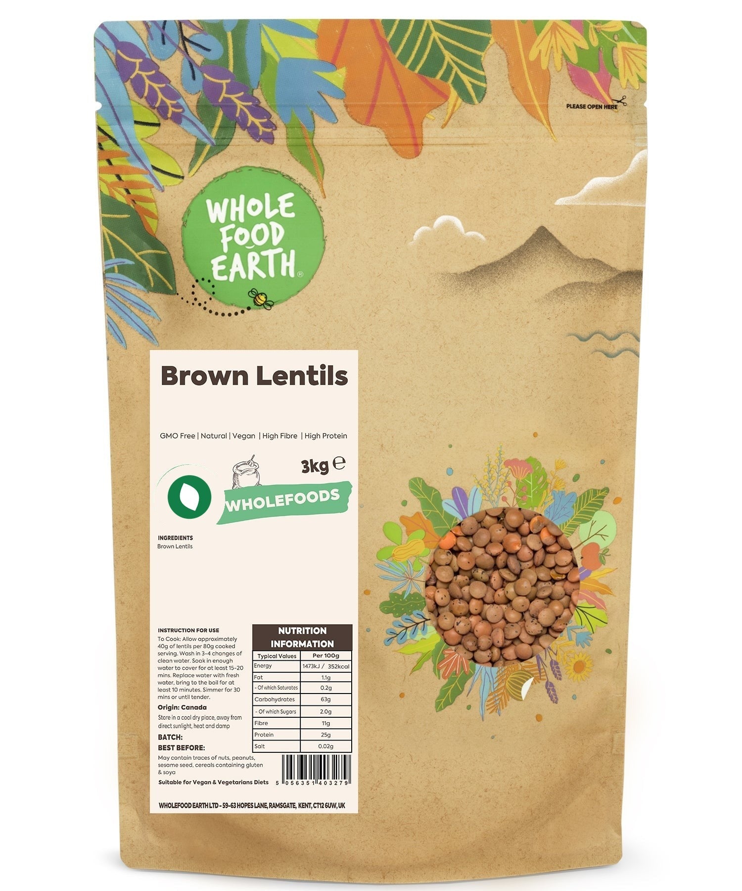 Whole Food Earth brown lentils, GMO-free beans and pulses in a natural, uncooked form, ready for cooking or meal prep.