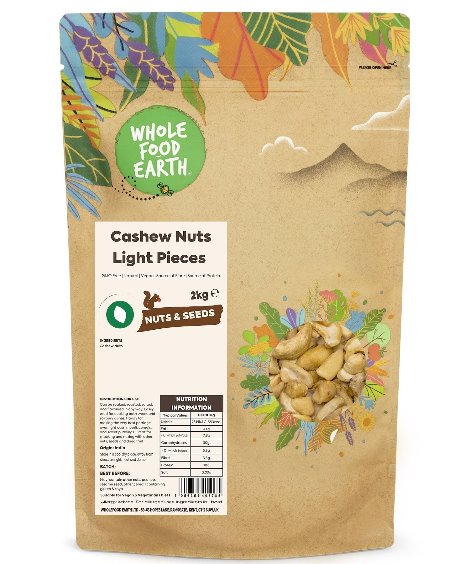 Light pieces of Whole Food Earth cashew nuts, GMO-free, showcasing their creamy texture and natural light color.