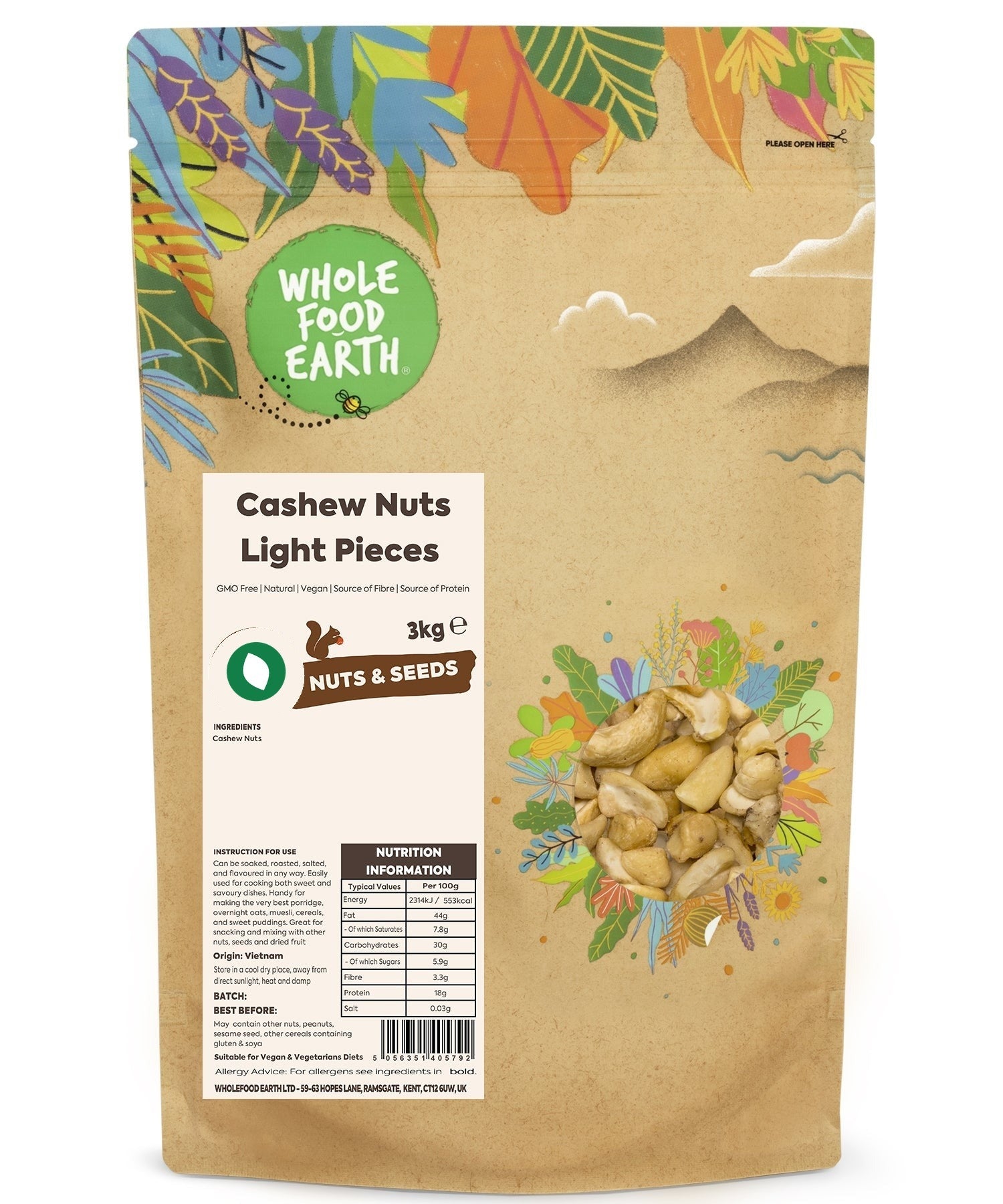 Light pieces of Whole Food Earth cashew nuts, GMO-free, shown in a close-up image of crunchy, natural nut pieces.