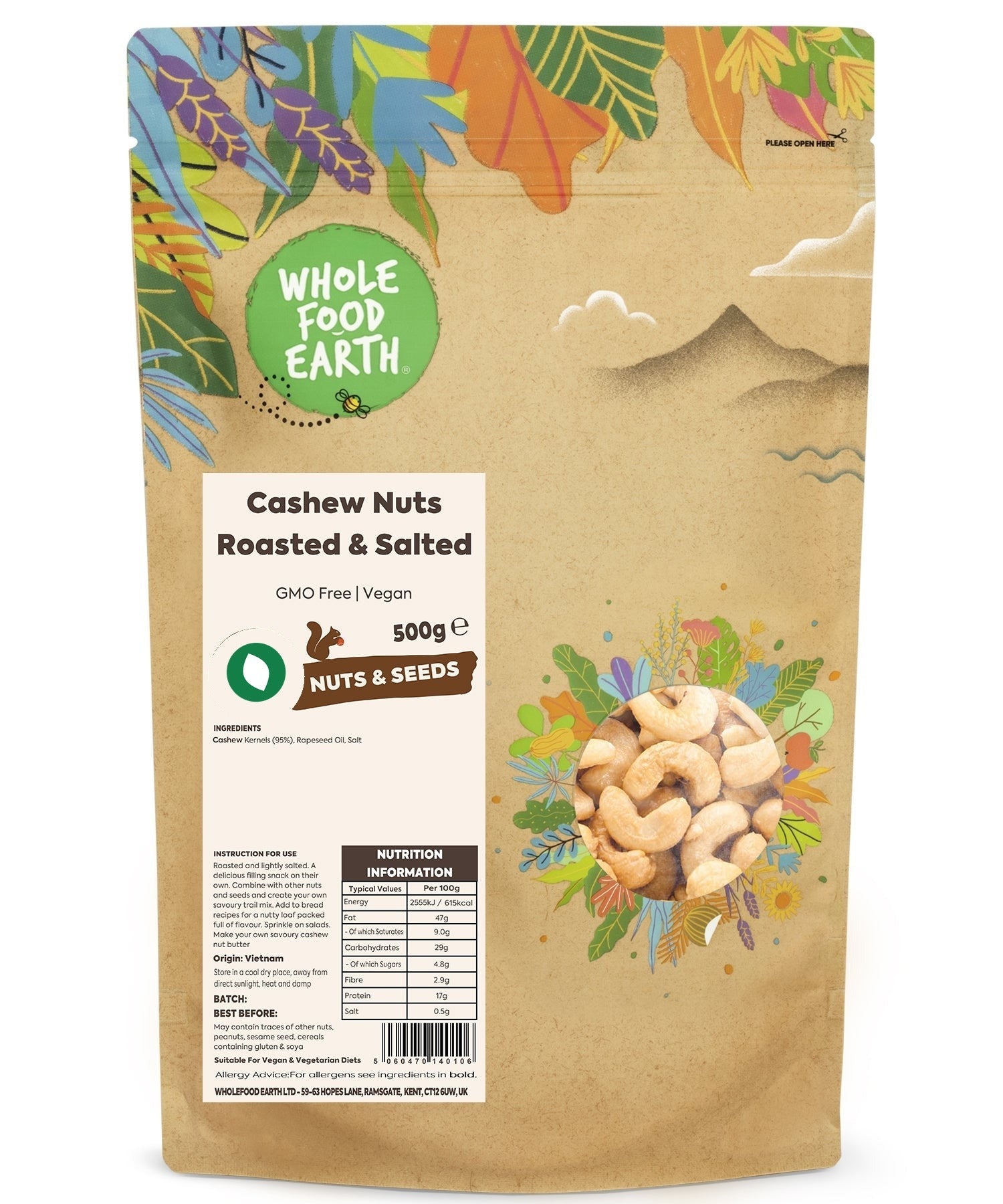 Roasted and salted cashew nuts from Whole Food Earth, showing crunchy, golden nuts in a close-up image.