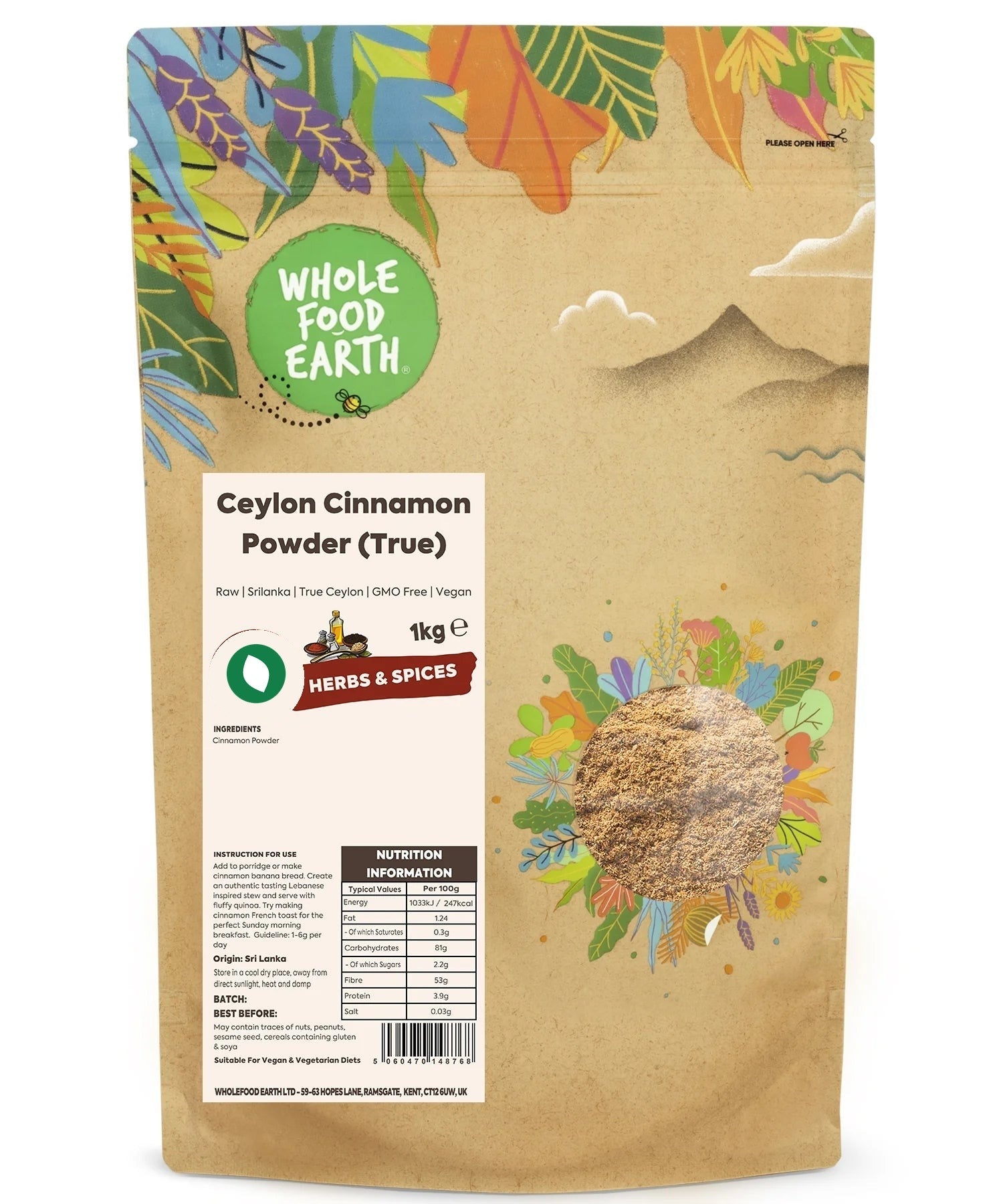 Ceylon Cinnamon Powder by Whole Food Earth, raw and ground, in a clear container, showcasing the fine, aromatic spice.