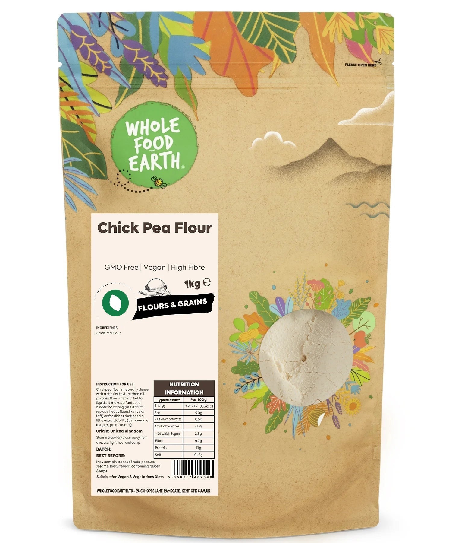 Whole Food Earth chickpea flour in a bag, gluten-free, vegan-friendly flour made from ground chickpeas, suitable for baking and cooking.