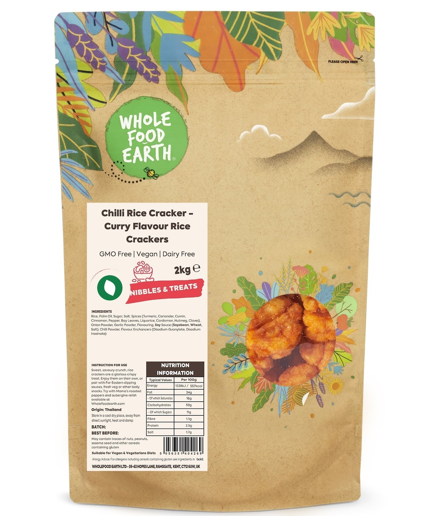 Whole Food Earth Chilli Rice Cracker, GMO-free vegan snack with spicy chili flavor, crispy and crunchy texture.