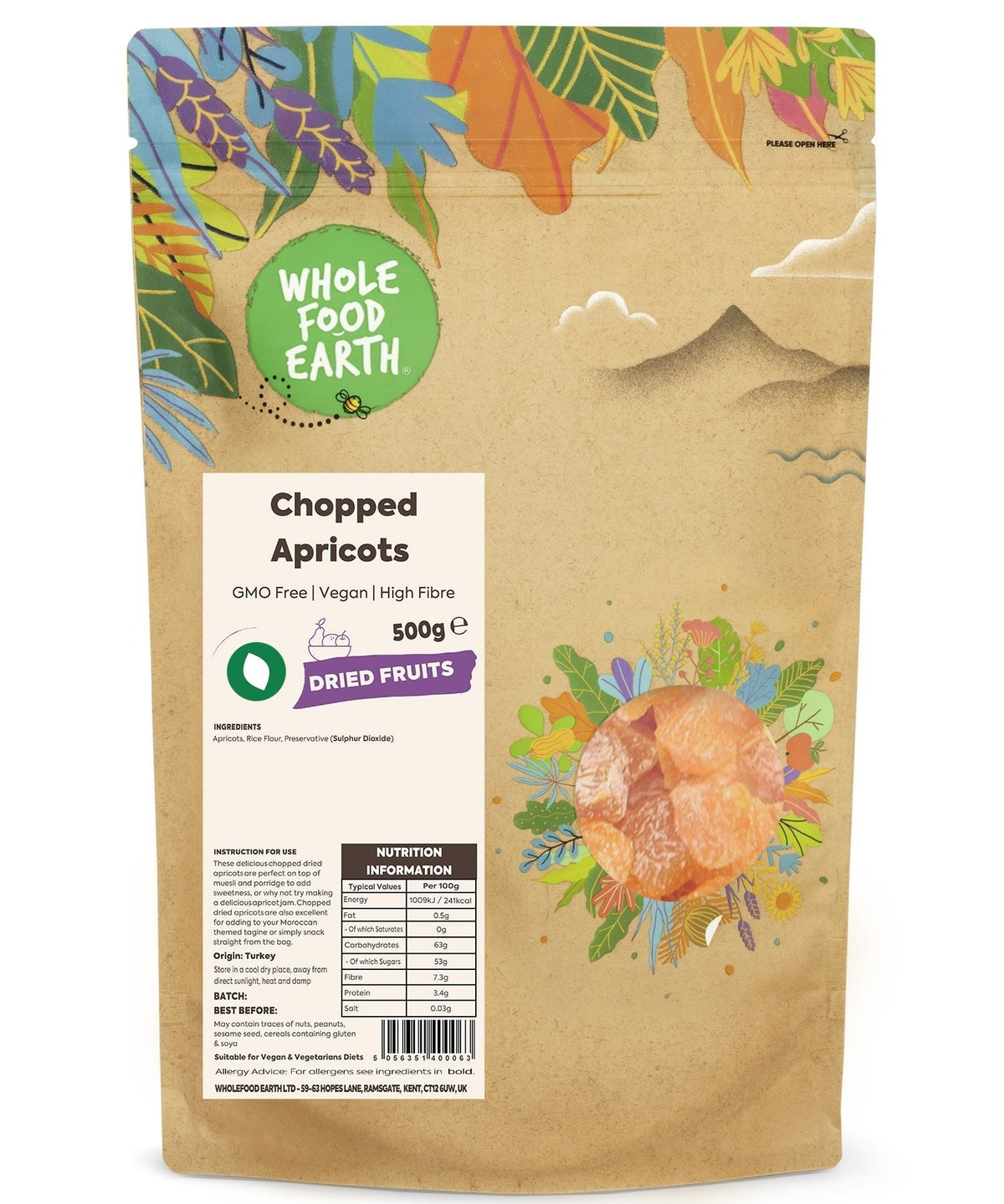 Dried chopped apricots from Whole Food Earth, GMO-free and vegan, shown in a close-up image highlighting their texture and color.