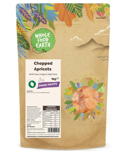 Dried chopped apricots from Whole Food Earth, GMO-free and vegan, shown in a clear close-up image.