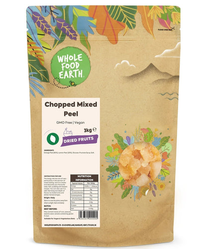 Dried chopped mixed citrus peel from Whole Food Earth, GMO-free vegan dried fruit for baking and snacking.