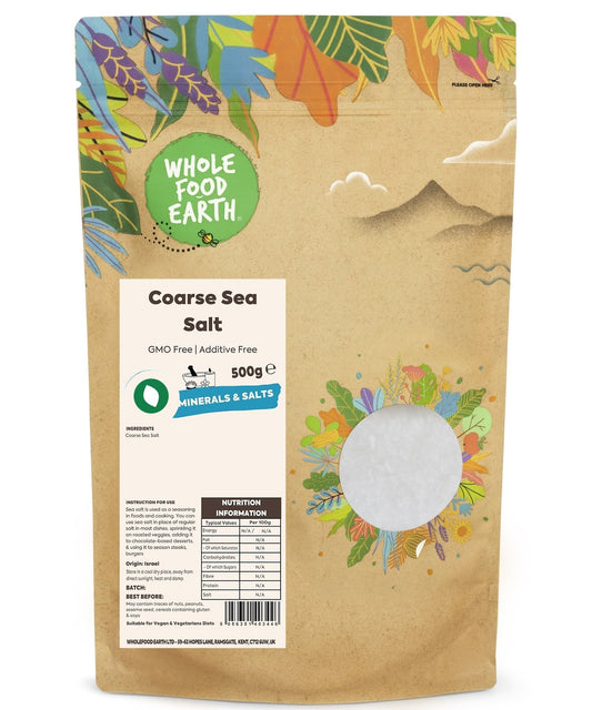 Wholefood Earth Coarse Sea Salt from ArtisanBox with large, crystalline salt grains for culinary use, GMO-free and vegan-friendly