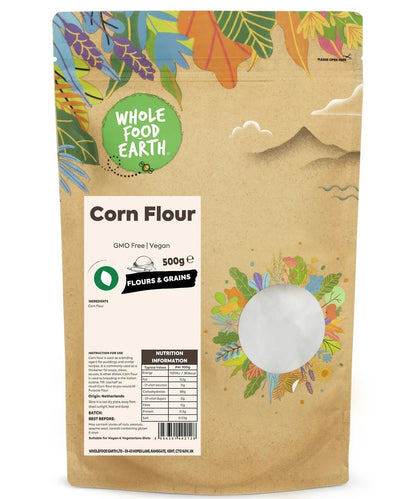 Whole Food Earth Corn Flour from Serious Grains, GMO-free, vegan, and dairy-free, shown in a natural packaging image.