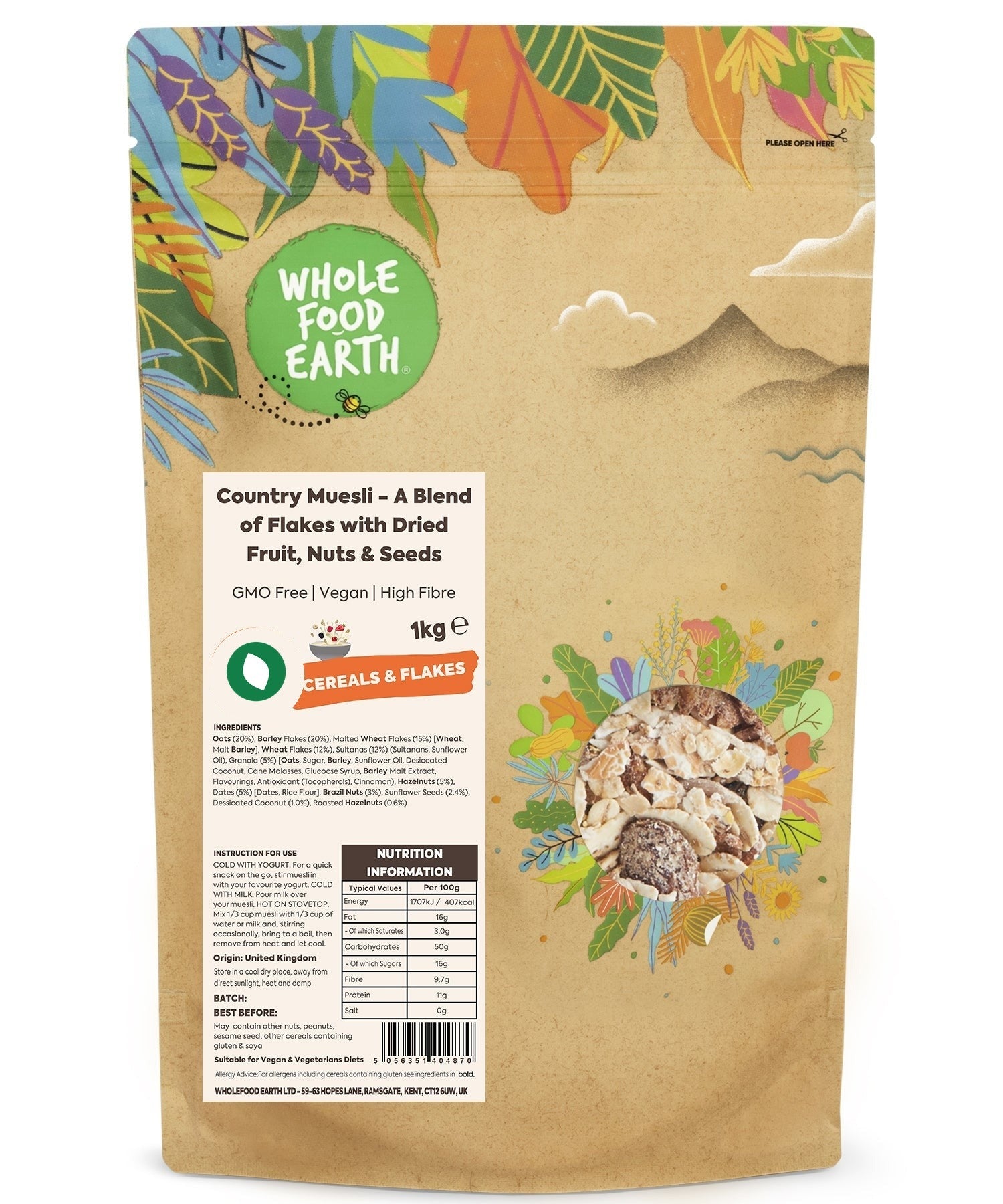 Whole Food Earth Country Muesli cereal with flakes, dried fruit, nuts, and seeds in a bowl on a wooden surface.