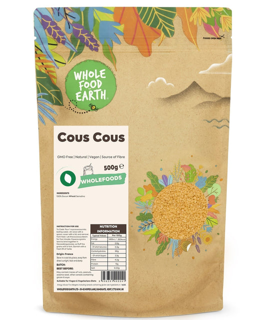 Whole Food Earth GMO-free natural couscous, a rice and couscous product, displayed in a clear package with a white background.