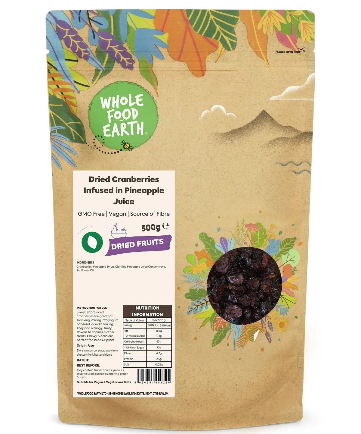 Sliced dried cranberries infused in apple juice, packaged by Whole Food Earth, showcasing vibrant red berries and juicy slices.