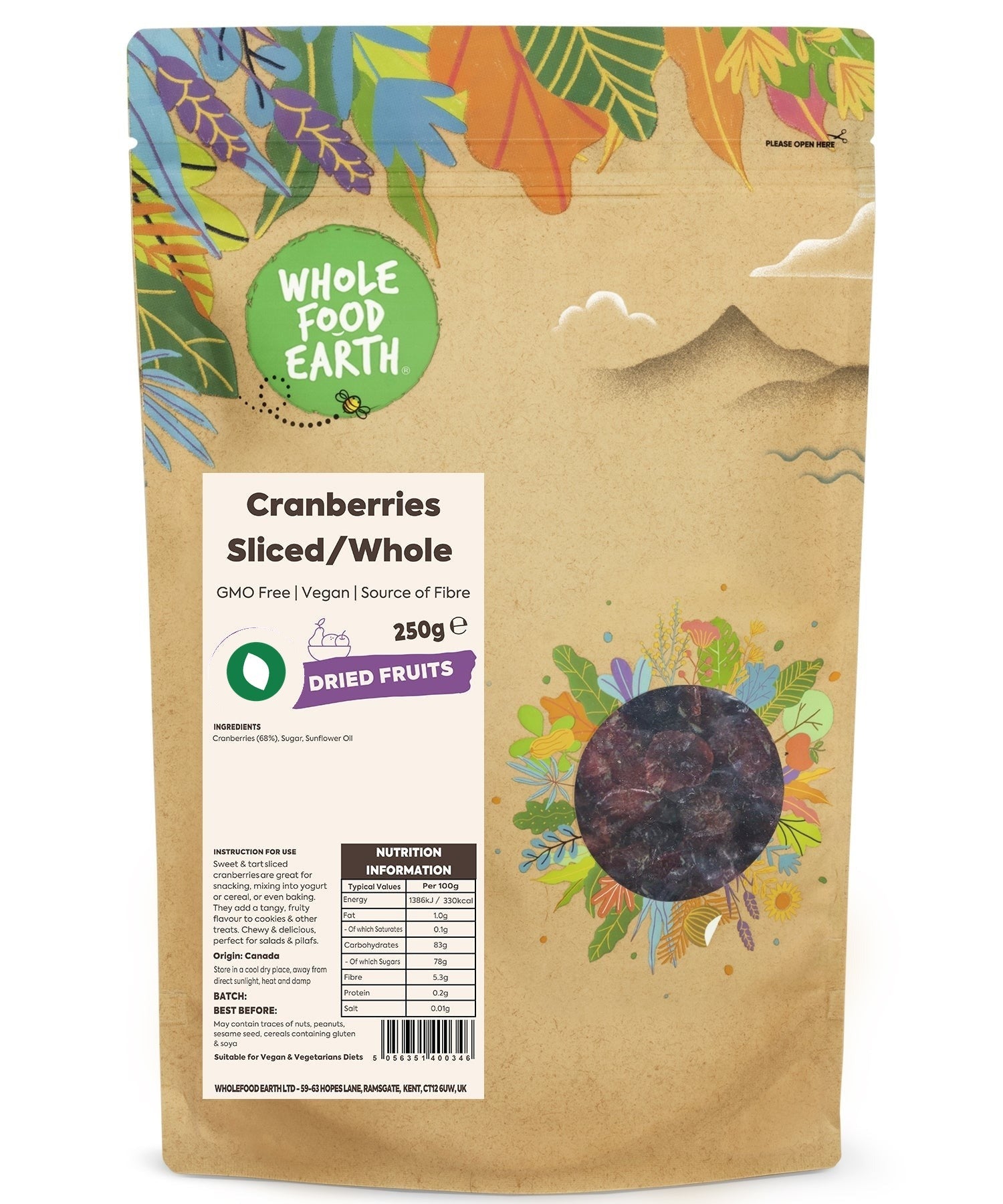 Whole Food Earth dried cranberries, sliced and whole, GMO-free dried fruit with vibrant red color and textured surface.