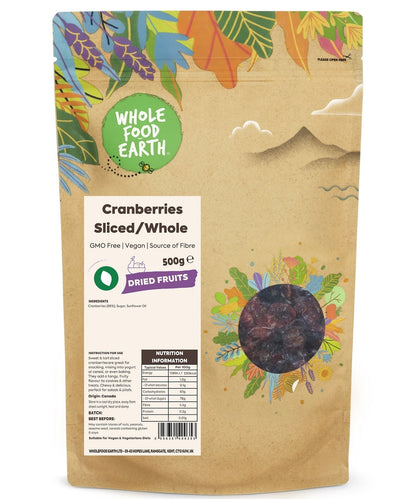 Whole Food Earth dried cranberries, sliced and whole, natural and GMO-free dried fruits with vibrant red color and textured surface.