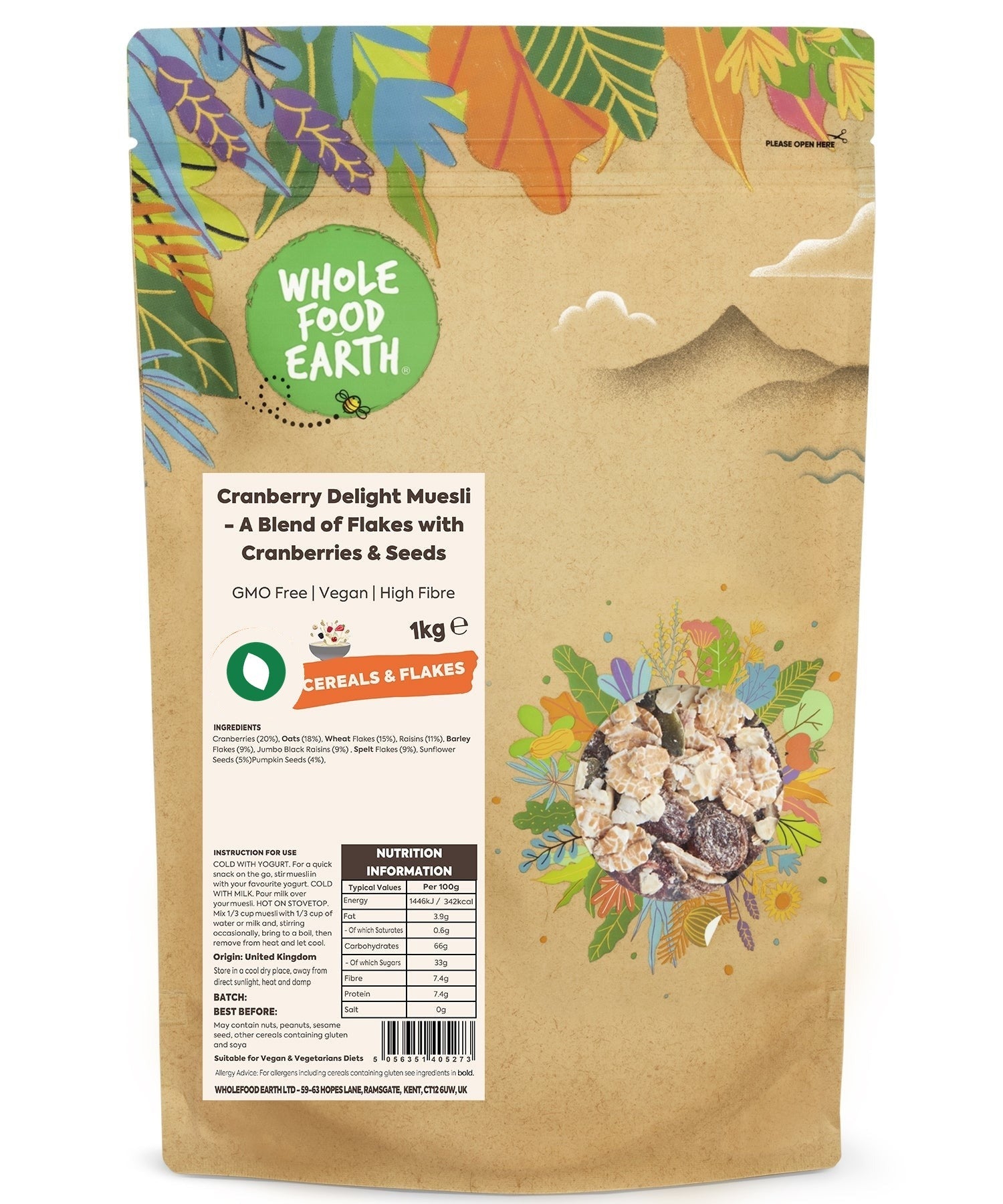Whole Food Earth Cranberry Delight Muesli cereal with flakes, cranberries, and seeds in a natural breakfast mix.