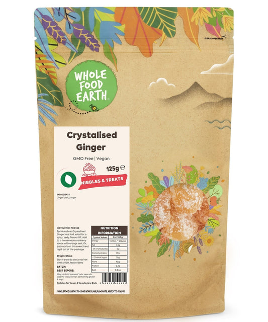 Crystallized ginger from Whole Food Earth, GMO-free and vegan, showing golden ginger pieces coated in sugar.