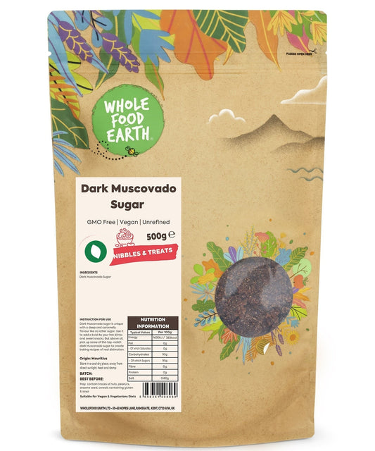 Dark Muscovado Sugar from Whole Food Earth, GMO-free, moist and rich brown sugar suitable for baking and sweetening.