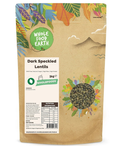 Dark speckled lentils from Whole Food Earth, GMO-free beans and pulses, shown in a close-up image.