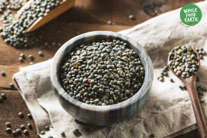 Dark speckled lentils from Whole Food Earth, natural, vegan, dairy-free beans perfect for healthy meals.