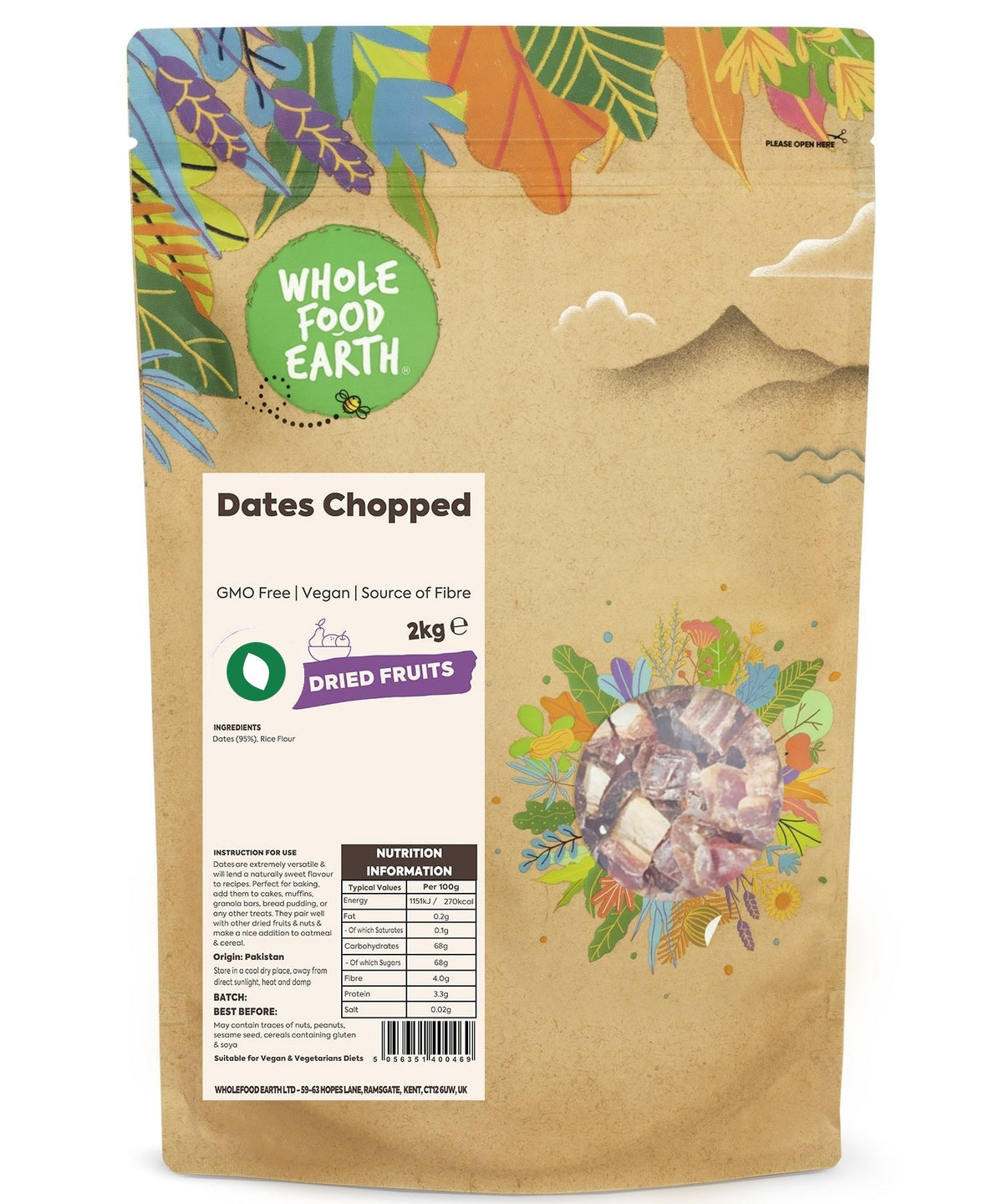 Chopped dates from Whole Food Earth, GMO-free dried fruit, vegan-friendly, showing the textured, chopped date pieces on a neutral background.