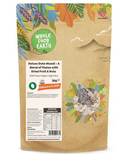 Whole Food Earth Deluxe Date Muesli cereal with flakes, dried fruit, and nuts in a natural, GMO-free, vegan mix.
