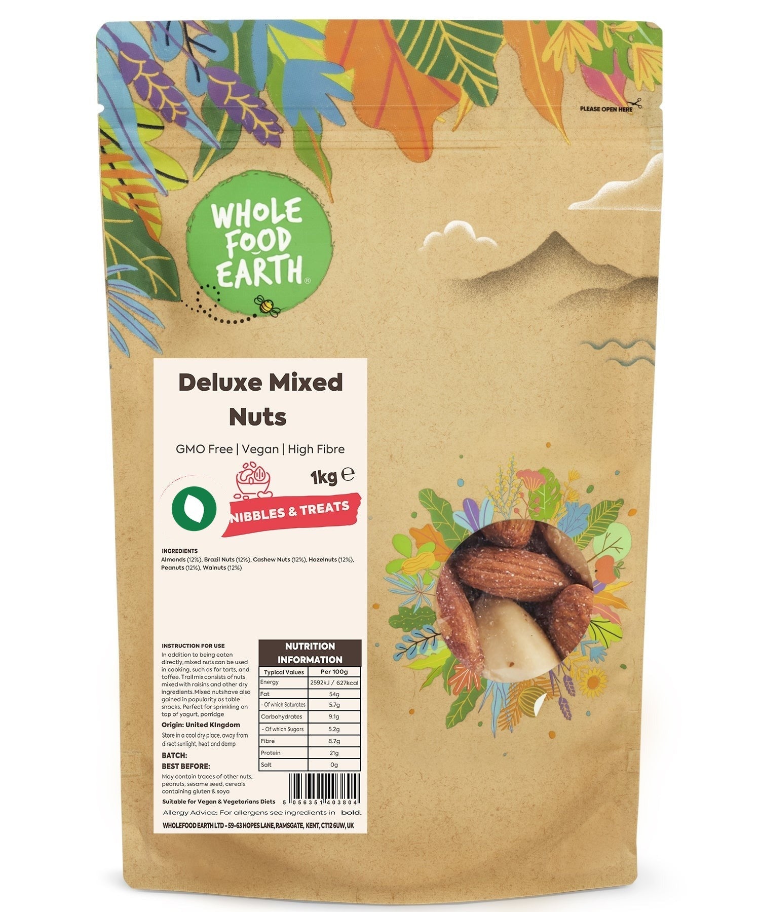 Whole Food Earth Deluxe Mixed Nuts in a bowl, featuring a variety of GMO-free, vegan-friendly nuts on a wooden surface.