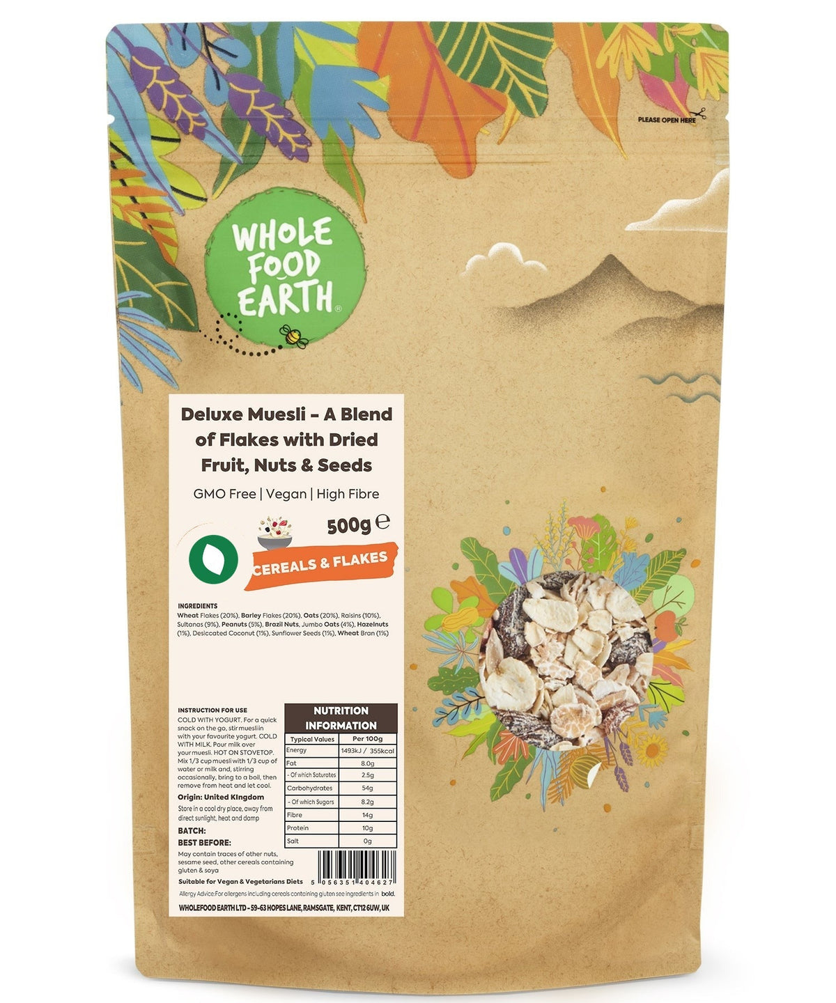 Whole Food Earth Deluxe Muesli with flakes, dried fruit, nuts, and seeds in a bowl, vegan, GMO-free cereal.