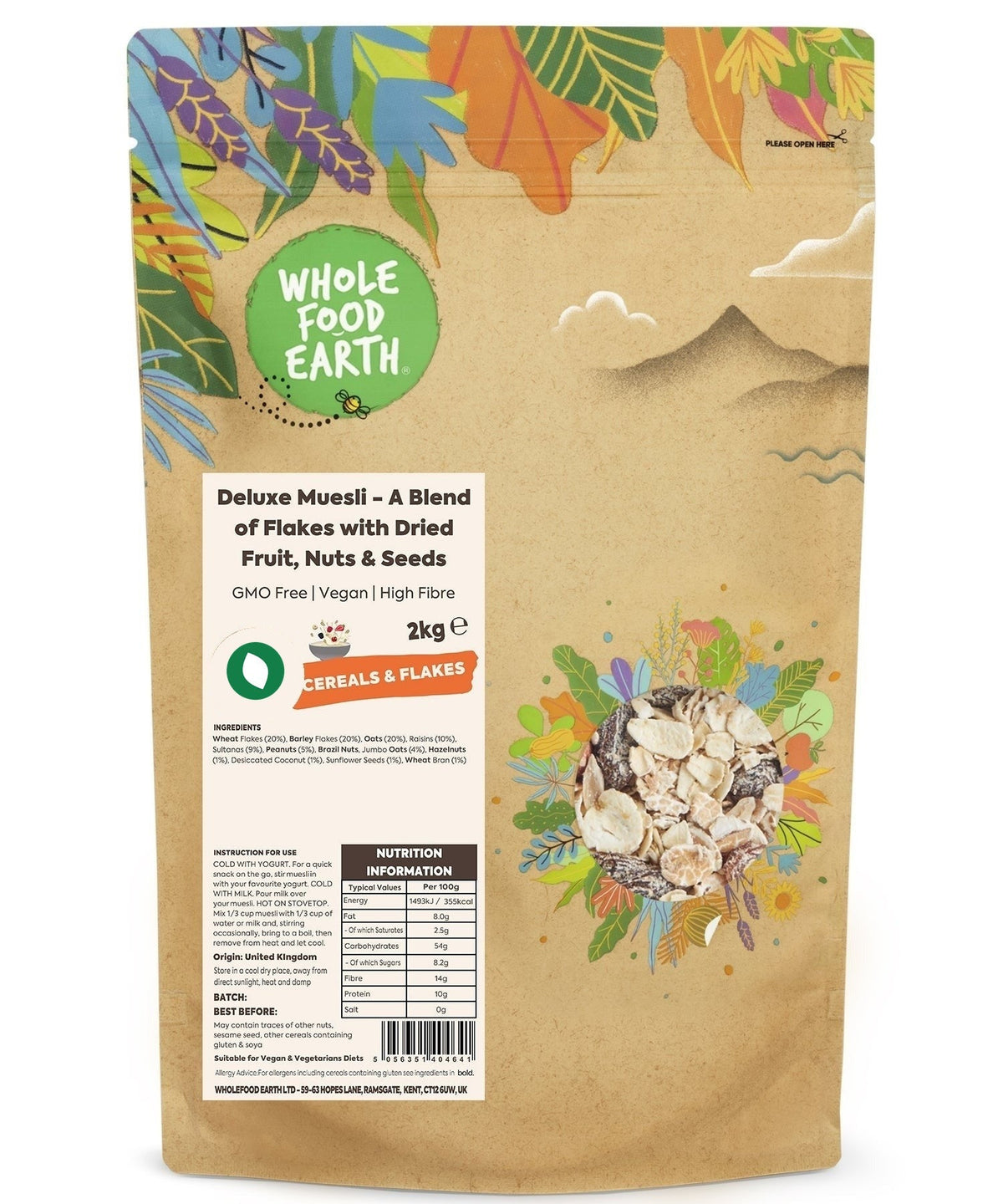 Whole Food Earth Deluxe Muesli cereal with flakes, dried fruit, nuts, and seeds in a bowl, vegan and GMO-free.