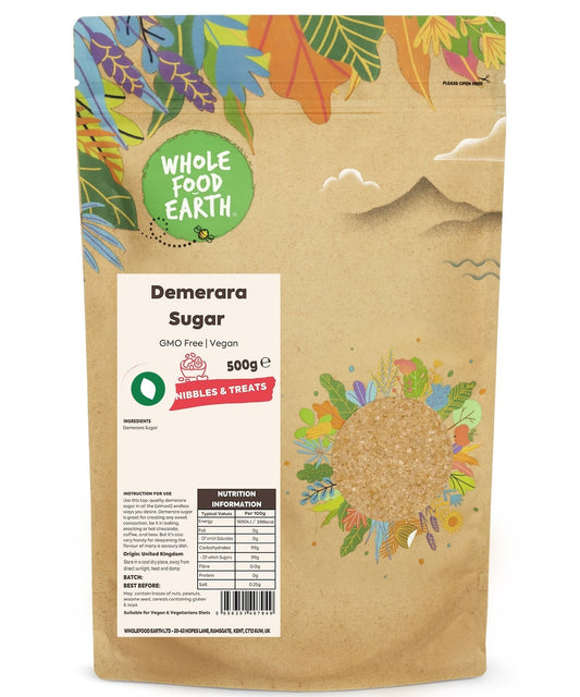 Whole Food Earth Demerara Sugar in a clear bag, GMO-free, vegan, coarse textured sweetener for baking and beverages.